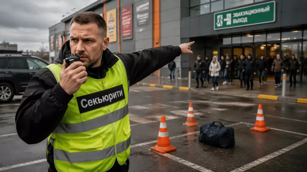Охранник ограждает подозрительную сумку на парковке, вызывает подмогу