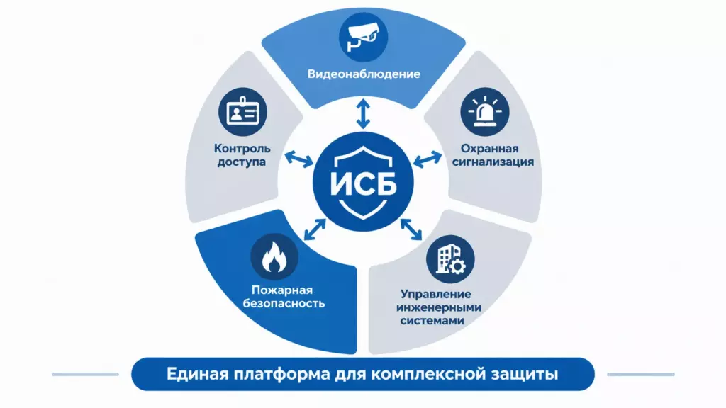 Инфографика. Структура интегрированной системы безопасности с подсистемами и связями