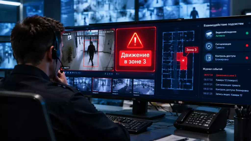 Оператор реагирует на сигнал тревоги, взаимодействие подсистем ИСБ